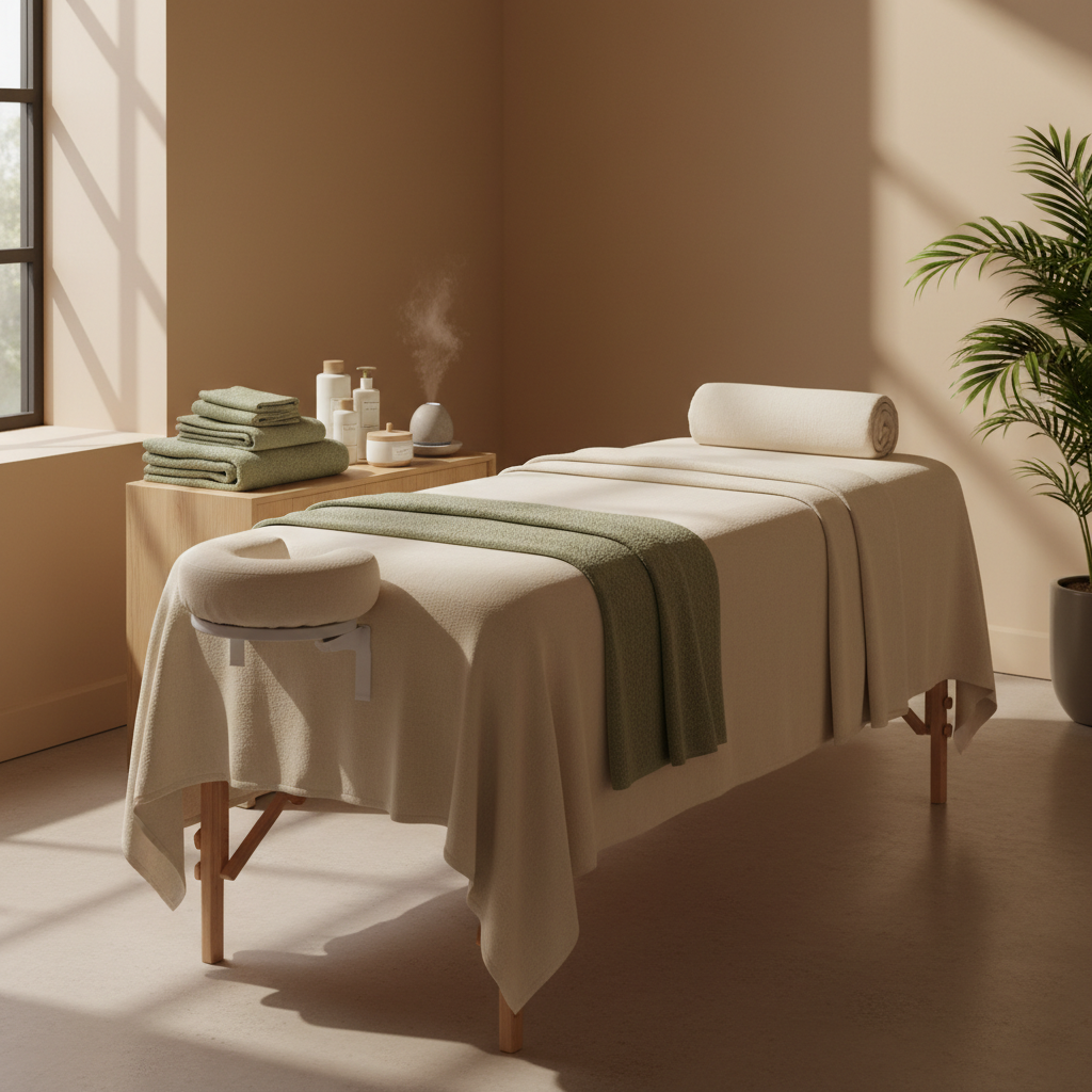 Neatly maintained massage table with folded cloths and care supplies on a wooden side table