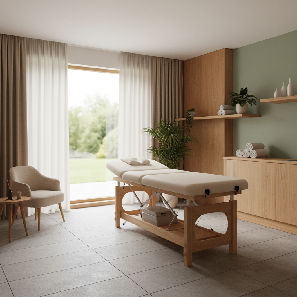 Bright physical therapy treatment room with a height-adjustable electric treatment table