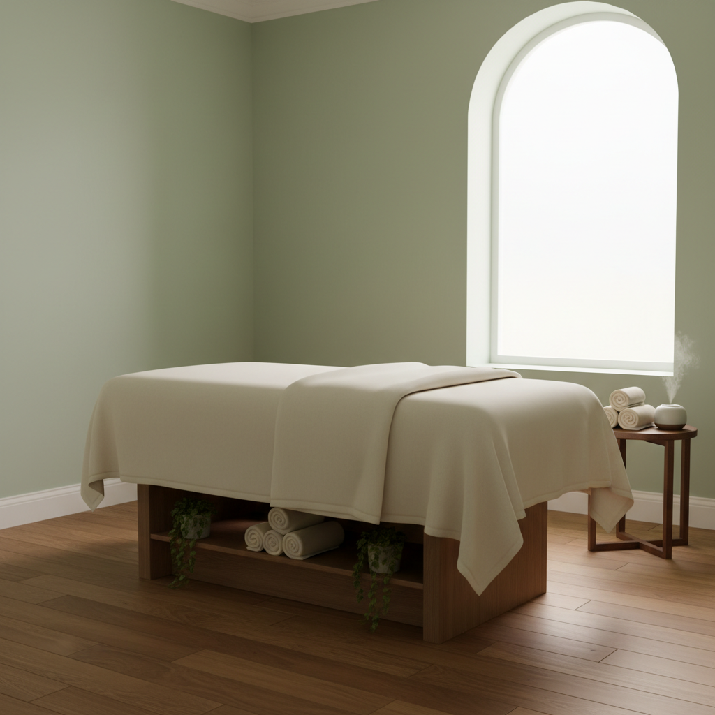 Electric lift massage table in a serene spa treatment room with sage walls and warm neutral linens