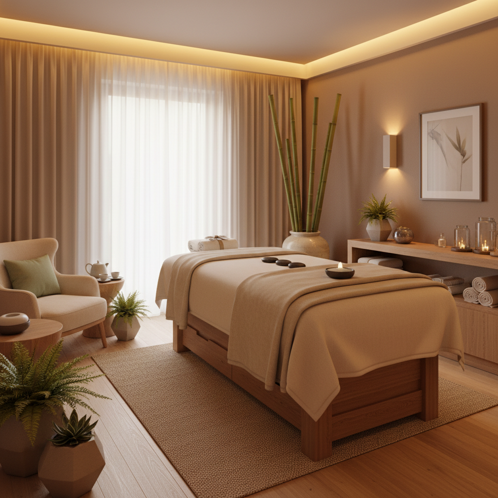 Upscale day spa suite with a massage table dressed in cream linens and stone and greenery decor