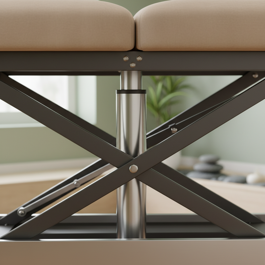 Close-up of an electric linear actuator lift column and scissor mechanism beneath a padded table top