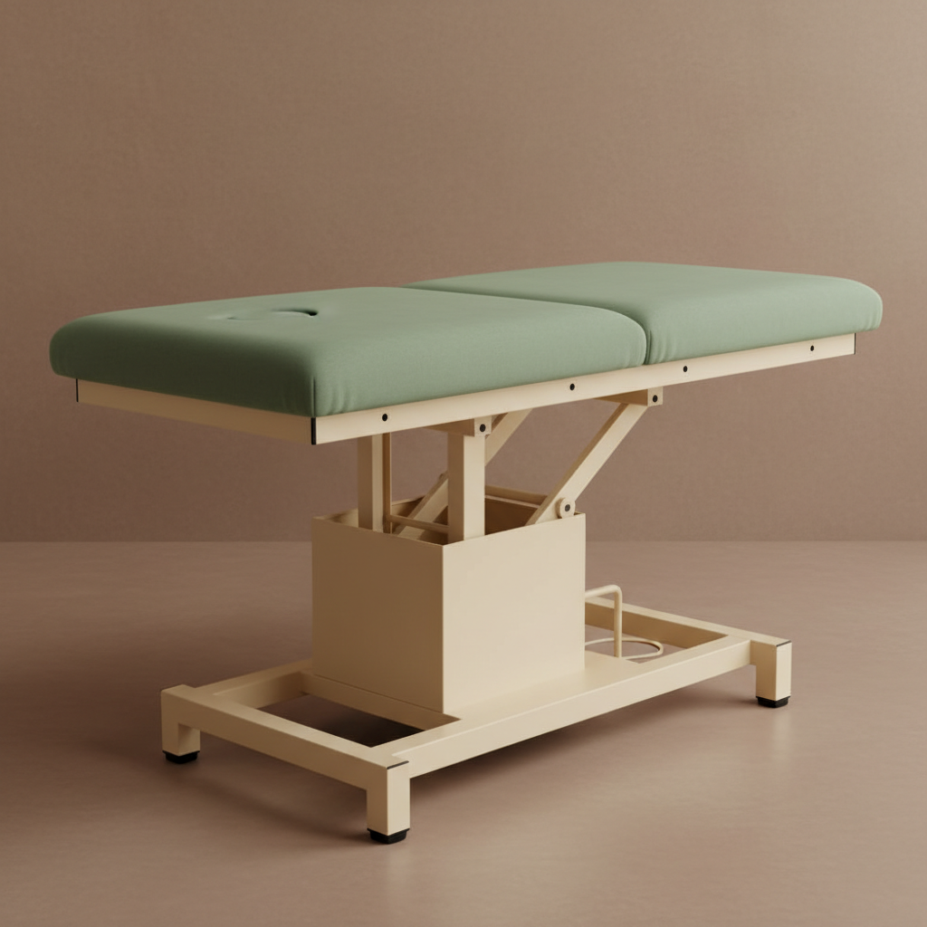 Flat-top electric lift massage table with padded rectangular top on a steel lift base