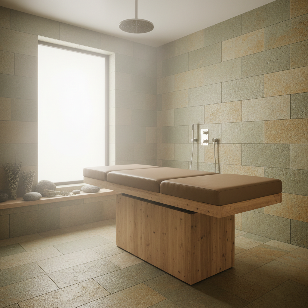Wet-room capable spa treatment table in a tiled hydrotherapy room