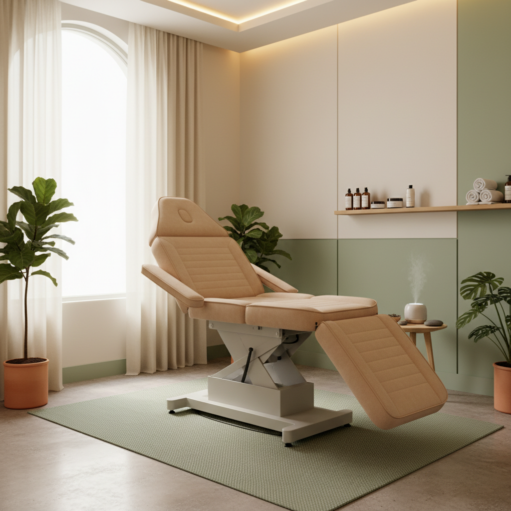 Multi-section electric spa table with backrest tilted upright and articulated leg section